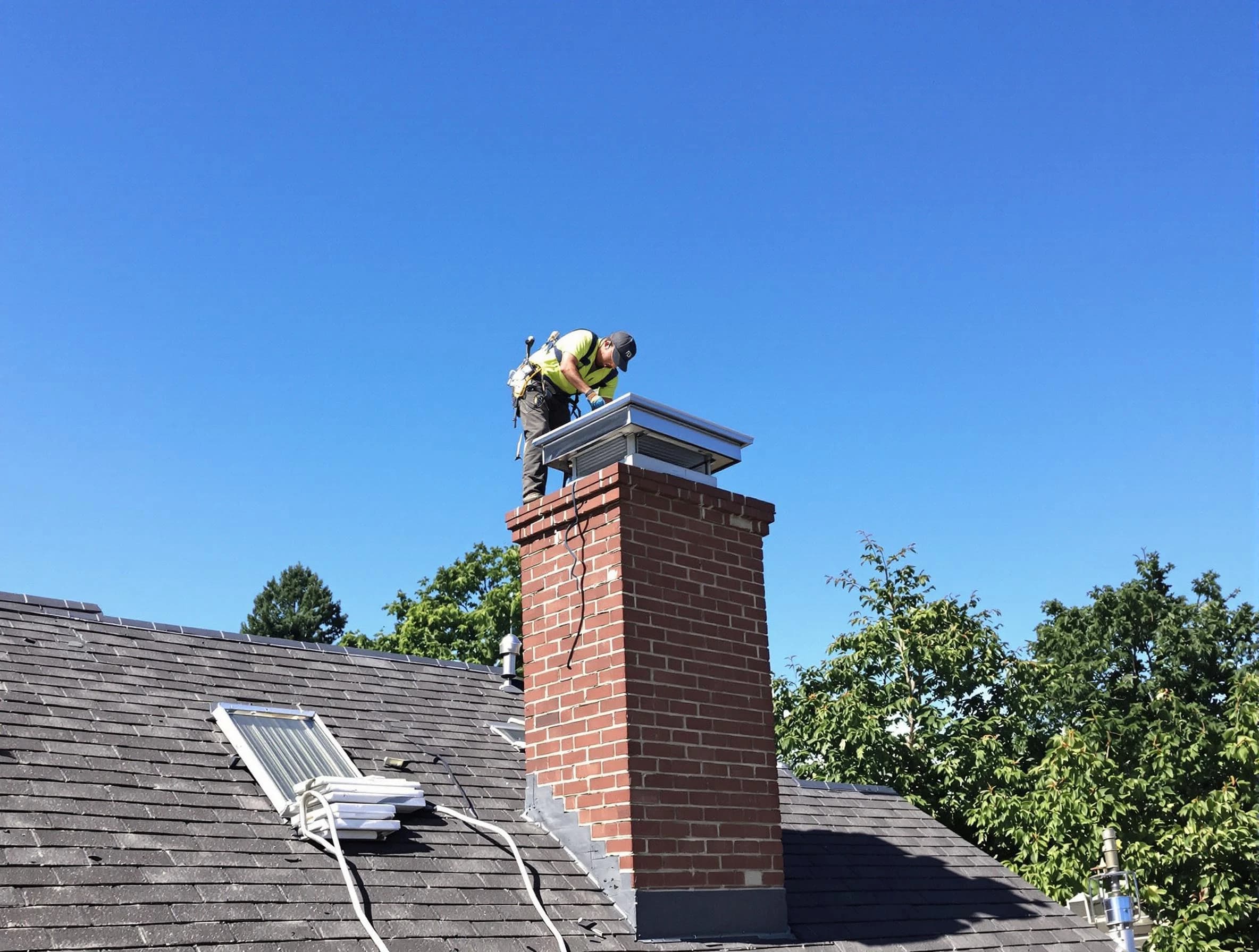Paramus Chimney Sweep technician measuring a chimney cap in Paramus, NJ